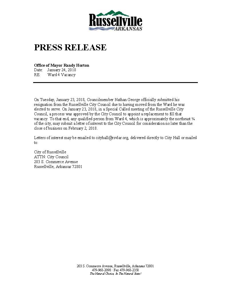 Press Release - Ward 4 Vacancy